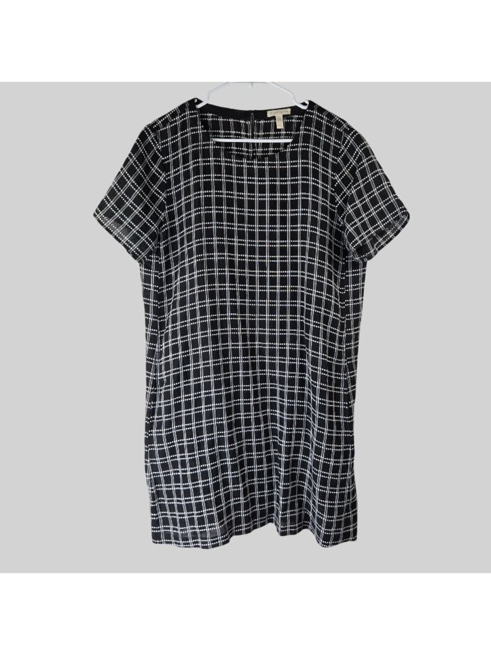 Eileen Fisher Organic Linen Pocket Shift Dress M Black White Plaid Minimalist